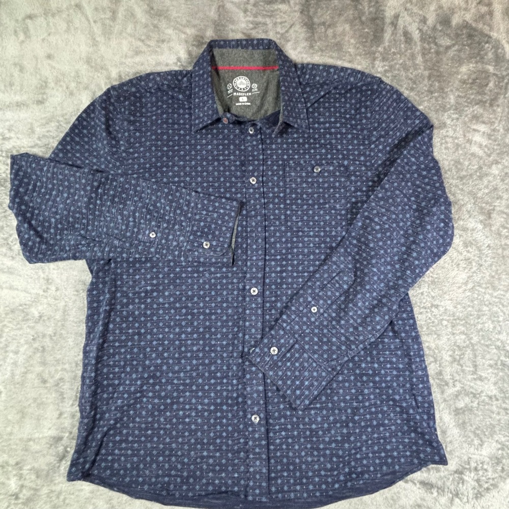 Flag & Anthem Madeflex Mens Large Blue Diamond Print Stretch Button Down Shirt